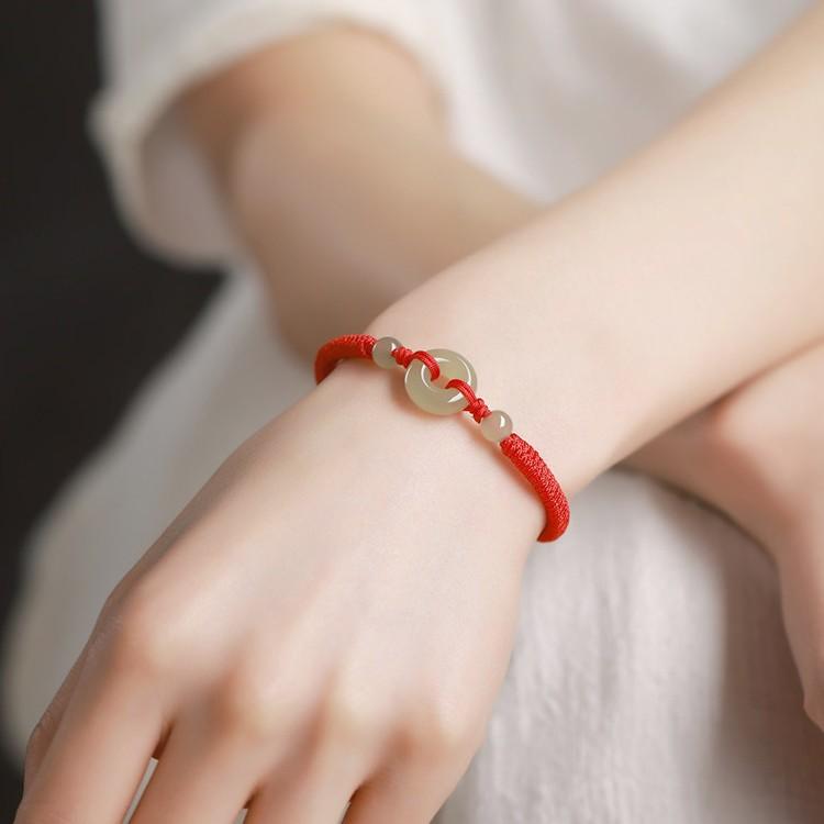 Hetian Jade Peace Buckle Red Rope Bracelet for Men and Women, Couple's Bracelet, Red Rope for the Year of the Horse, Gift for Girlfriend