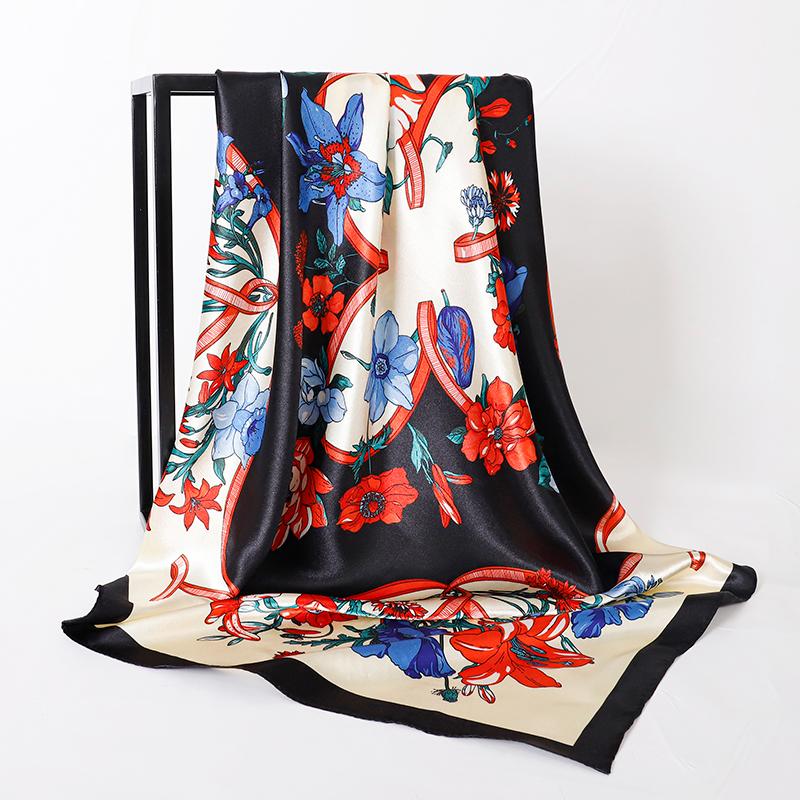 

Модный шелковый квадратный шарф для женщин, повязка для волос, мягкий шейный платок, винтажный хиджаб, цветочный принт, платок для головы, женская бандана из пашмины 90x90cm
