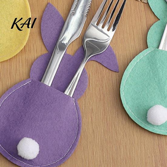 Easter Dinner Table Decor 4 Pcs Bunny Cutlery Holders, Felt Tableware Pouch Bags, Cute Rabbit Utensil Plush Tail Settings Sleeve, Spring Fork