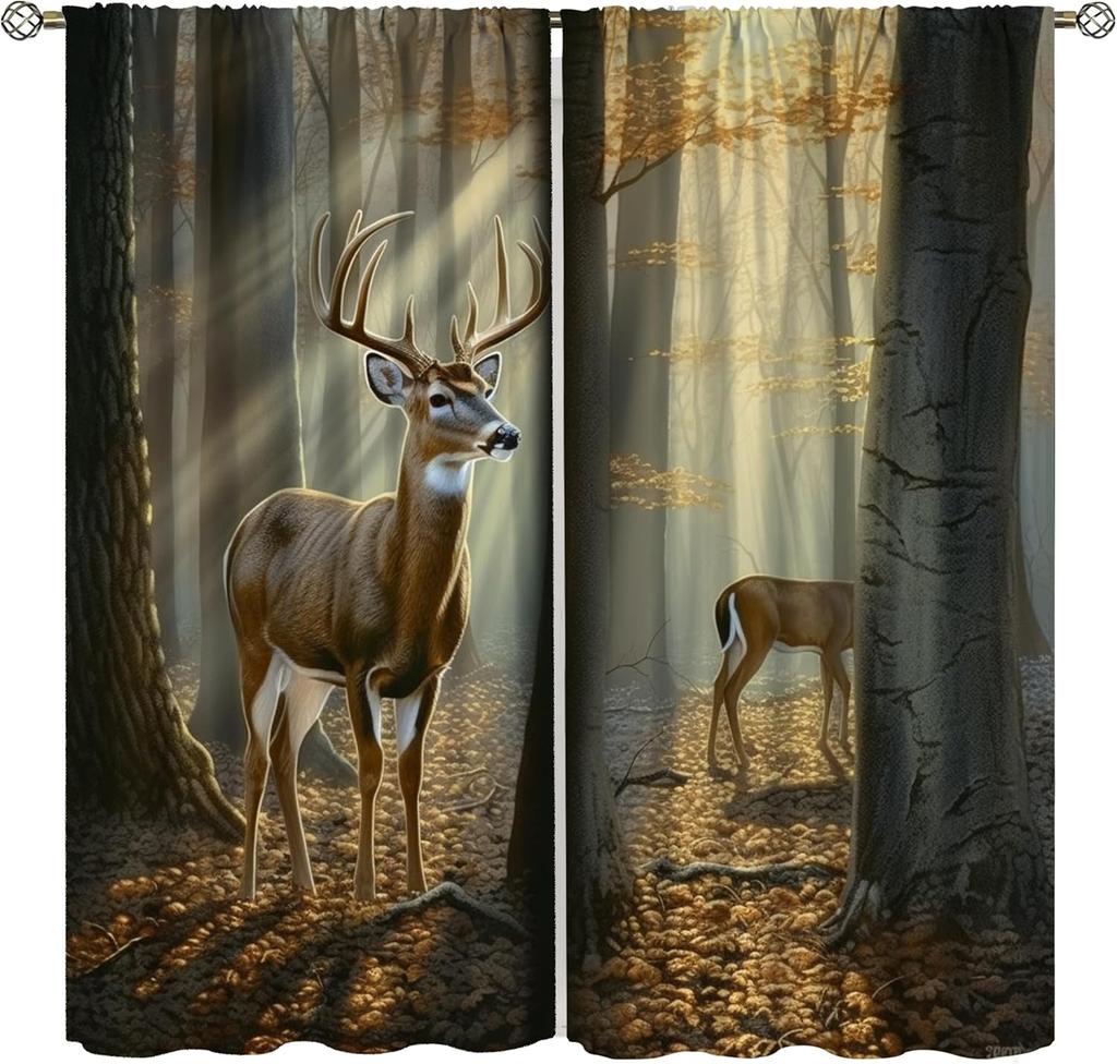 Farmhouse Deer Curtains Bedroom Vintage Rustic Fall Hunting River Cabin Elk Wildlife Window Drape Boys Girls Living Room Curtain For Sitting Polyester