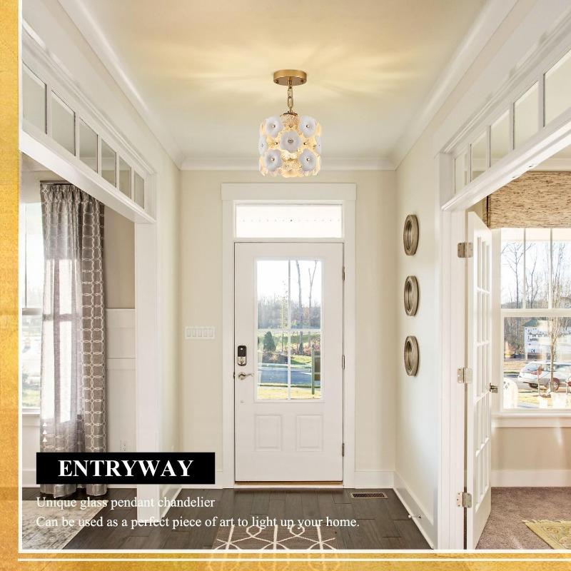 Gold Glass Pendant Light with White Ceramic Flowers