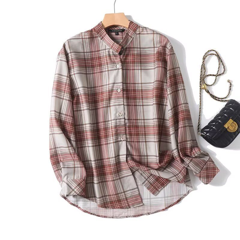 

MD Women clothes French style Temperament Fashion Retro Plaid Loose Version Stand Collar Long sleeve Shirts Top 05100799701 Reddish Brown L