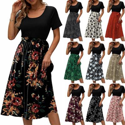 Womens Casual Short Sleeve Midi Dress Tie Waist Crewneck Dresses for Work Business Teacher