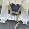 Koreanische Serie Tragen Alter-Reduzierung Set Retro Denim Cami Gestapelt Alle-Matching Puff Sleeve Shirts Zwei-stück Set Top