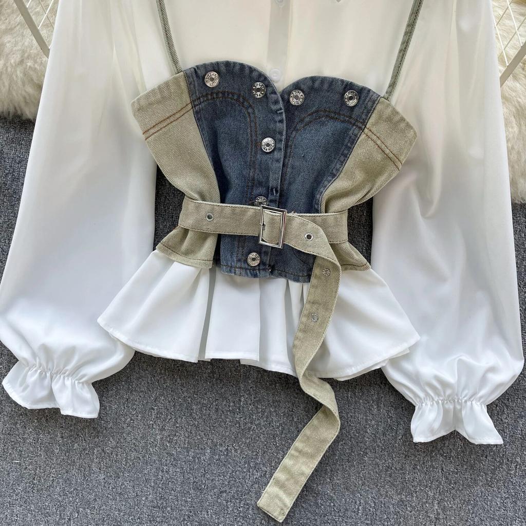 Koreanische Serie Tragen Alter-Reduzierung Set Retro Denim Cami Gestapelt Alle-Matching Puff Sleeve Shirts Zwei-stück Set Top