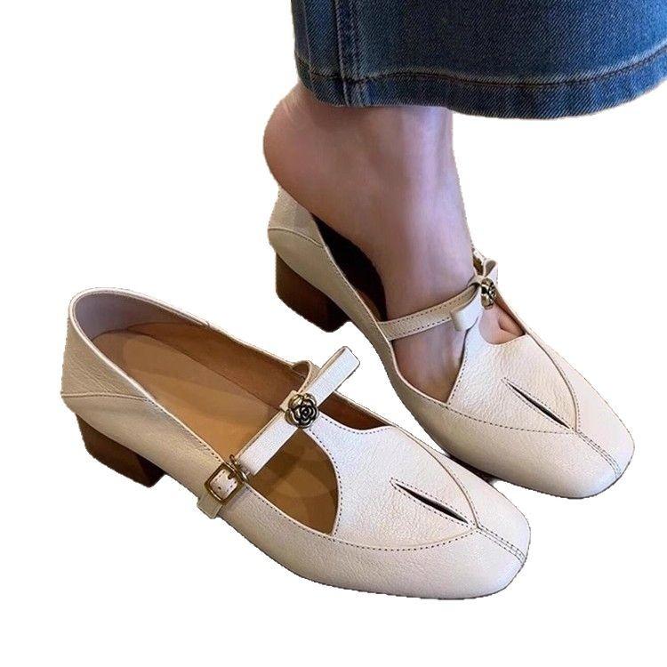 Sheepskin version~ French retro hollow one-word buckle camellia single shoes women's versatile leather thick heel Mary Jane shoes