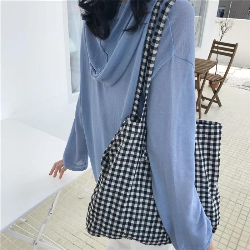 Fashi Damen Canvas Tragetasche Schultertasche Große Einkaufstasche Kariert Öko Große Kapazität Damen Geldbörse Tasche Mädchen Student Buch Handtaschen