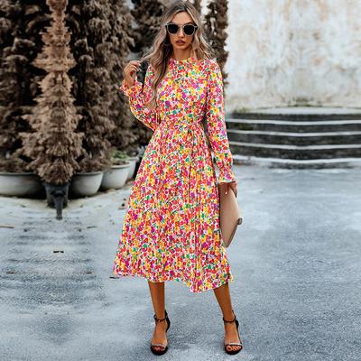 Autumn Winter Women's Vacation Leisure O Neck Lanter Sleeve Pleated Long Printed Dress