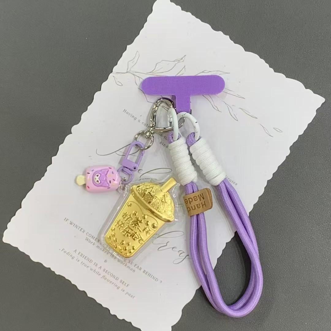 

999 Pure Gold French Fry Hamburger Bubble Tea Phone Charm Keychain Pendant
