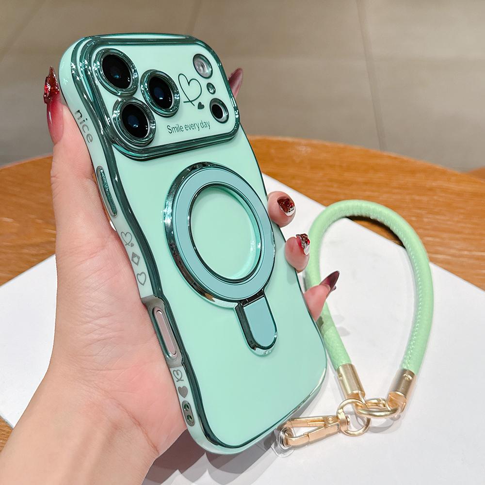 Wavy Frame Wrist Strap Phone Case for iPhone 17 Air 16 15 14 13 12 11 Pro Max Plus Silicone Soft Protective Cover Magnetic Stand