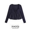 Fashion Style 2024 Fall and Winter New Women's Stylish Ruched Puffy Hem Long Sleeve Low Neck Tops 1014805