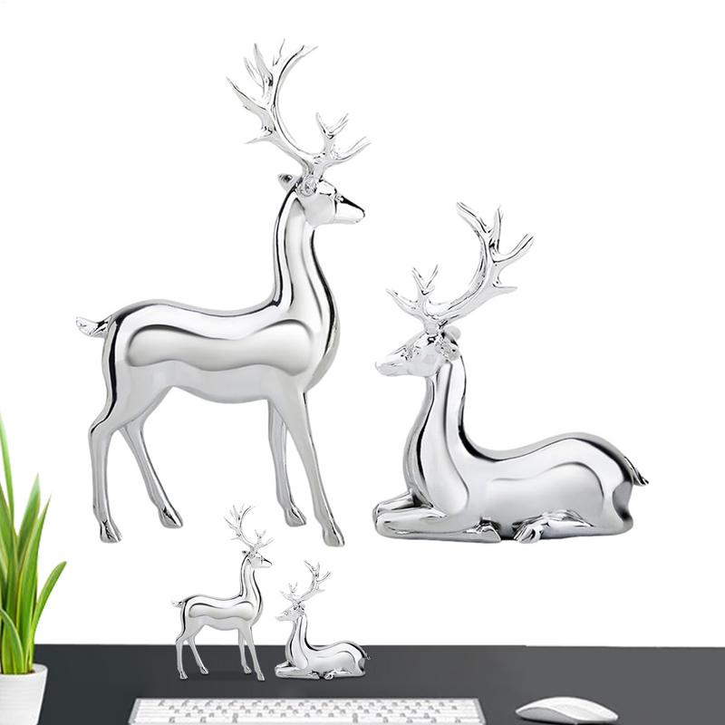 2PCS Silver Color Deer Christmas Decor Reindeer Statue Resin Sculpture Handicraft Piece Home Decor Table Decorations for Display