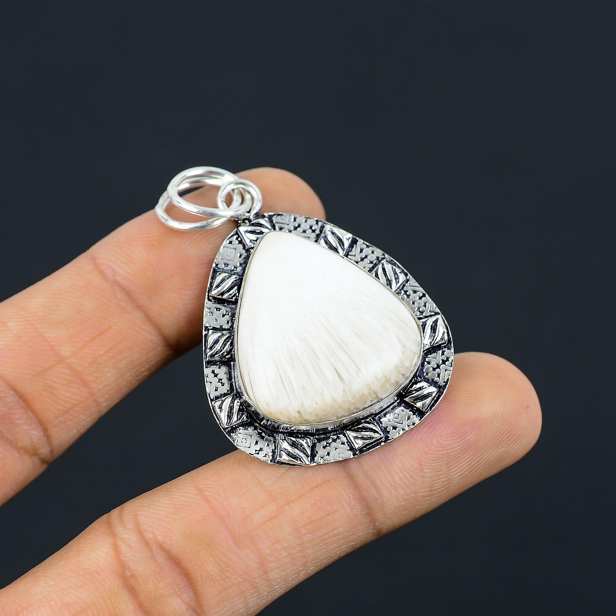 Daughters Day Sale Scolecite Stone Bezel Ethnic Boho Pendant Jewelry 925 Silver