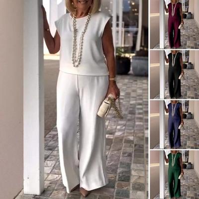 2Pcs/Set Women Casual T-shirt Pants Suit Solid Color Spring Summer O Neck Sleeveless Top Loose Fit Wide Leg Pants Long Trousers Womenswear