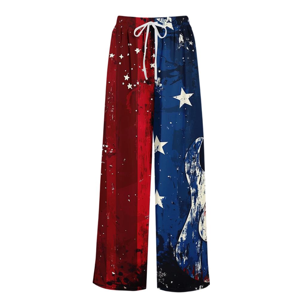 Women’s Loose Fit Casual Wide Leg Pants with Elastic Waist Drawstring and Printed Design Long Trousers with Pockets for Everyday Wear