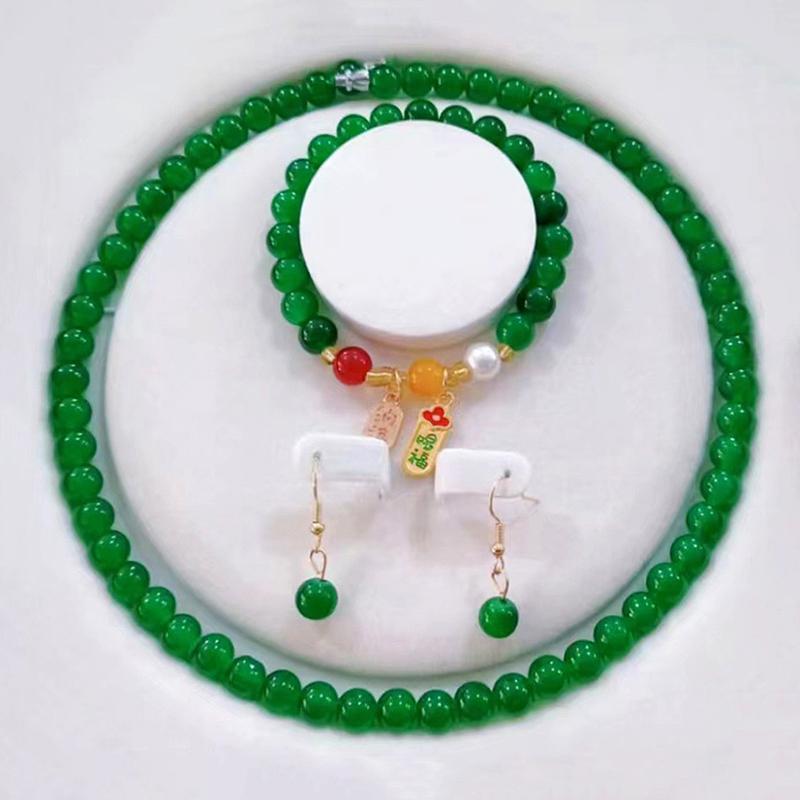 3Pcs Vintage Simple Imitation Jade Necklace Bracelet Earrings Jewelry Set For Women Temperamen Banquet Accessory