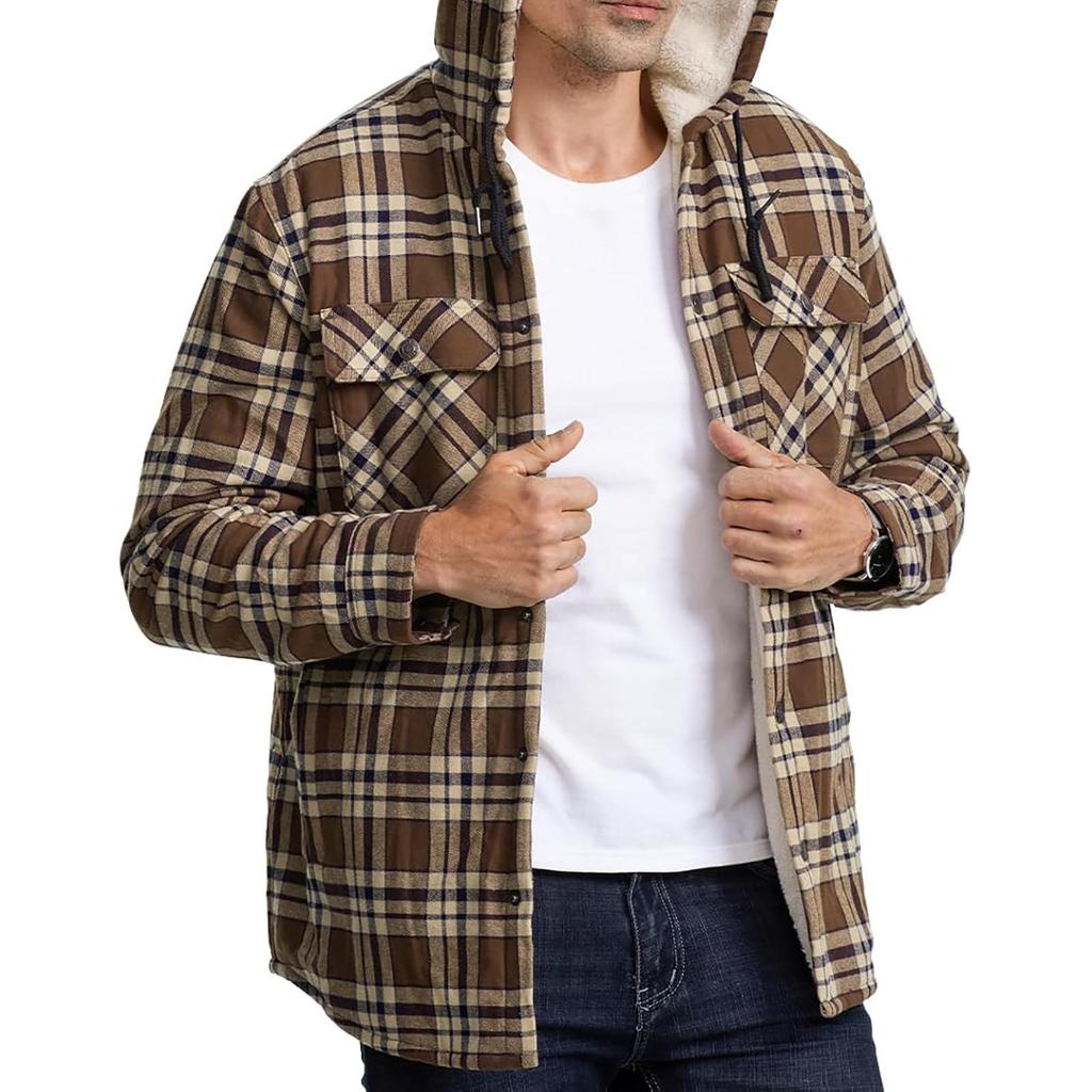Men's Quilted Lined Button Down Plaid Shirt Add Velvet To Keep Warm Jacket With Hood