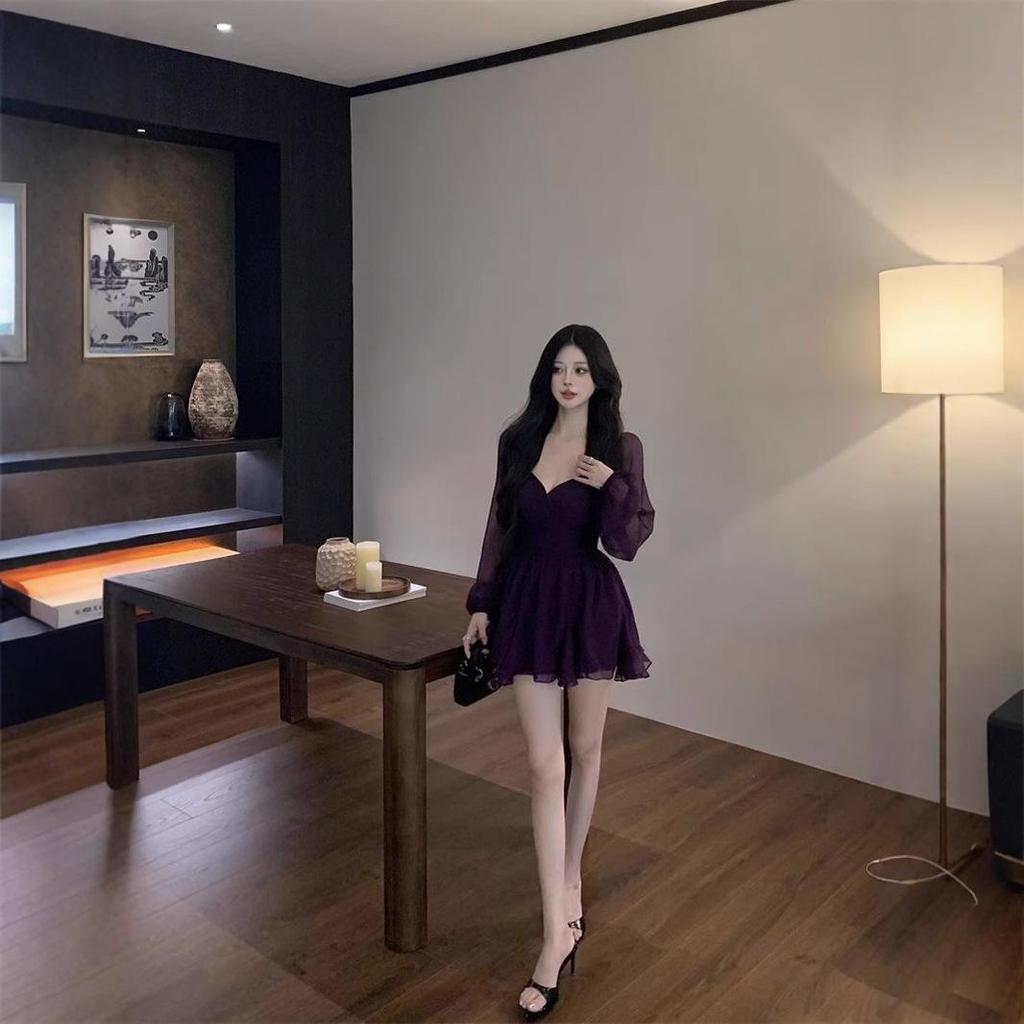 Purple V-Neck Mesh Slimming Dress for Women - Fall 2025 Collection