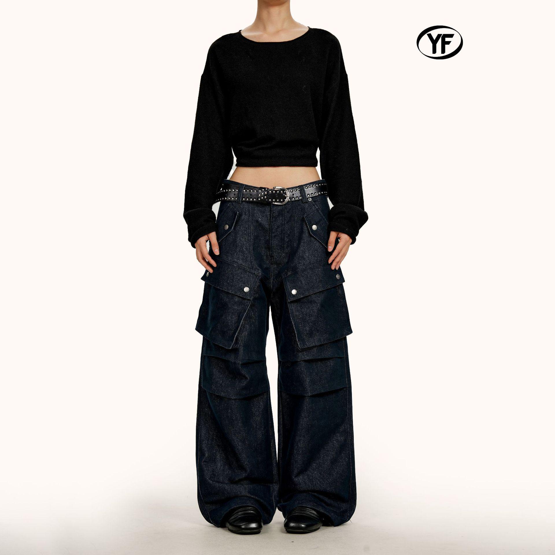 Yongfang Unisex Retro Navy Blue Wide-Leg Work Pants with Patchwork and Large Pockets M