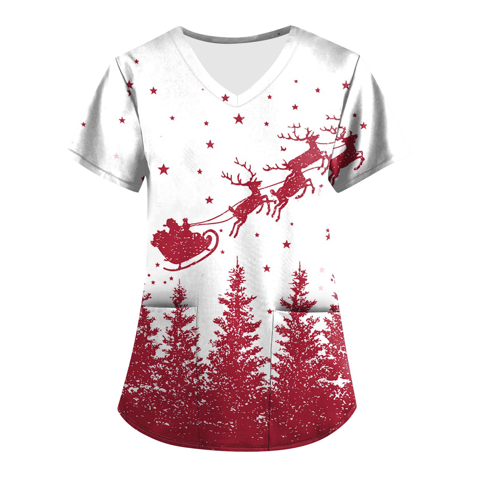 

Большой размер Принтованный скраб Рабочая униформа Топы для женских V-образный вырез с запахом Принт Короткий рукав Веселые футболки Рабочая одежда Футболка с карманами M