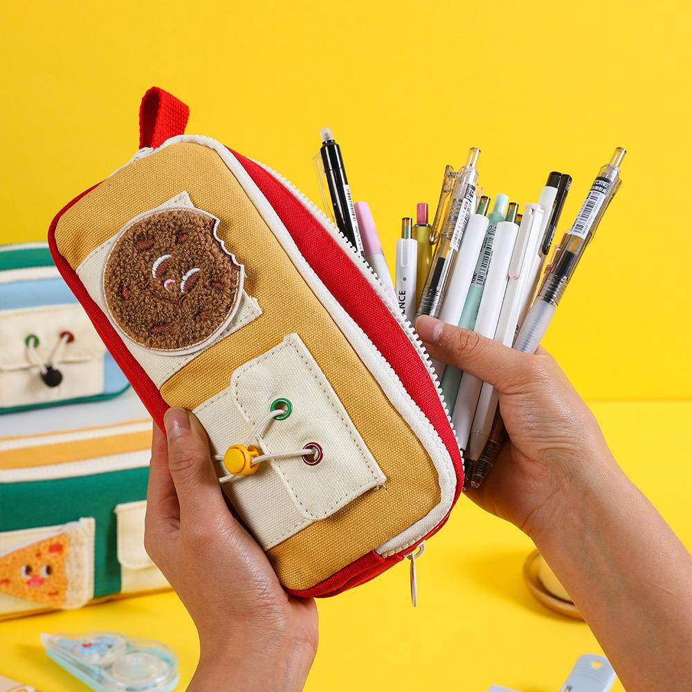 TOME Adorable Cartoon Pizza Sandwich Double Zipper Pencil Case - Large Capacity for Girls and Students