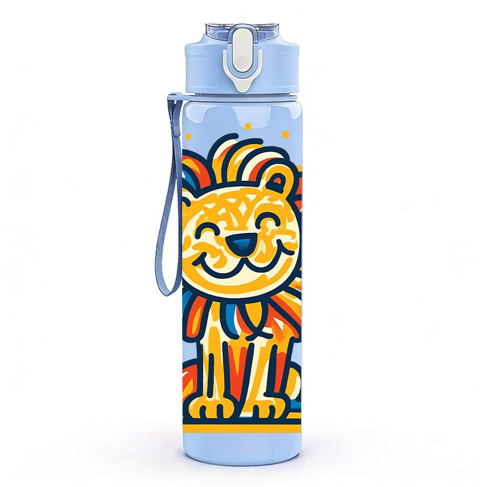 1PC Cartoon Lion Portrait 750ml Color Plastic Sports Water Bottle Leakproof Flip Straw Lid Suitable for Sports Office Home Use