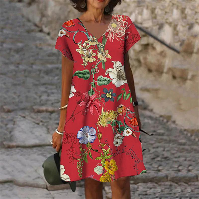 Neue Sommer Blumen Pflanze 3D Druck Frauen Kleider Übergroße Kleidung Retro Kurzarm V-Ausschnitt Kleid Weibliche Sommerkleid Vestidos