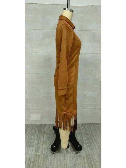 2025 Western Cowboy Style Suede Tassel Slim Fit Long Sleeve Dress