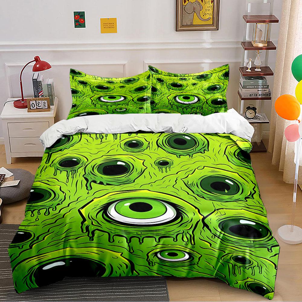 Green Monster Eye Pattern Bedding Duvet Cover Set (1*Duvet Cover 2*Pillowcases, without duvet insert)
