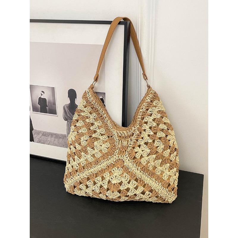 Summer Straw Woven Bag Women's New Seaside Vacation Beach Hollow Tote Bag Woven Vegetable Basket Shoulder Bag