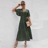 Women Casual Long Dress V Neck Short Butterfly Sleeve Bandage Belt Solid Color Sizes S To XXL Summer Fall