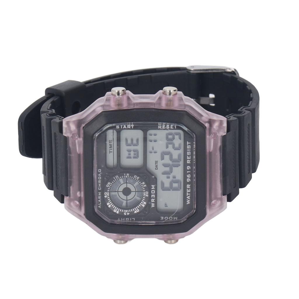 Electronic Sports Watch 12 24 Hours Waterproof Digital Wrist Watch with Luminous Alarm Timing Function Transparent Purple