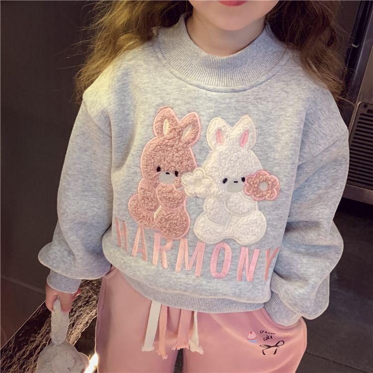 Girls' Fleece-Lined Cartoon Rabbit Sweatshirt Pullover