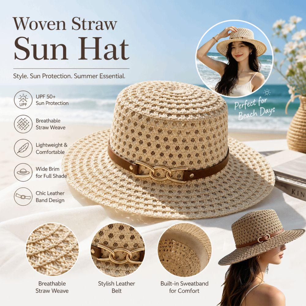 Woven Flat Top Hat Buckle Decorated Band Flat Brim Hat Versatile Straw Hat Daily Matching