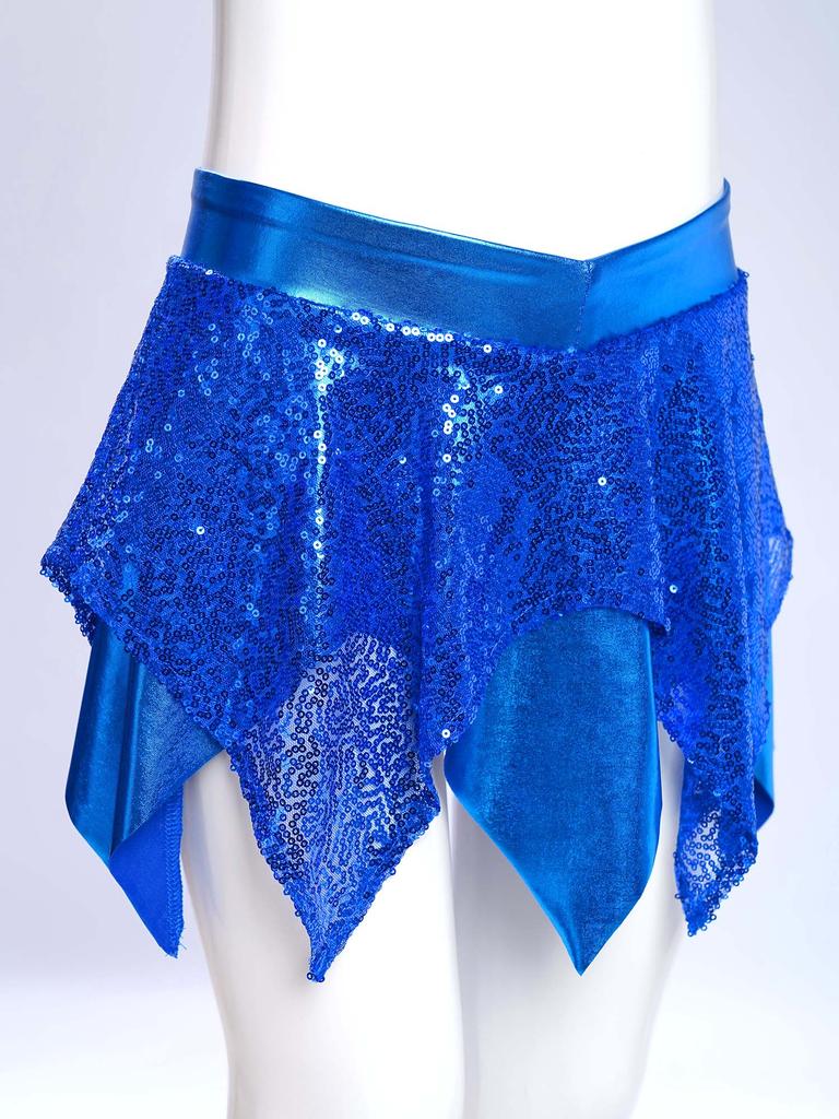 Girls Jazz Dance Costume Sparkly Sequins Metallic Asymmetric Skirt Performance Dancewear