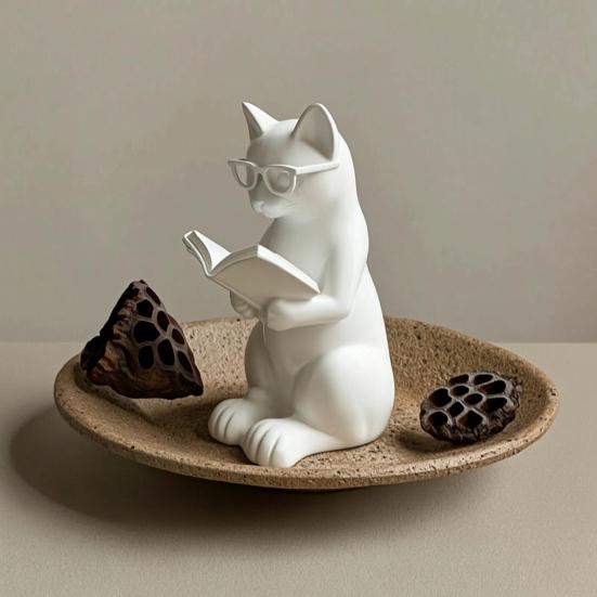 3D Printed Reading Cat Figurine, Cute Reading Book Cat Statue with Glasses, Collectible Animal Sculpture for Bookshelf, Desktop Decor, Gift for Cat