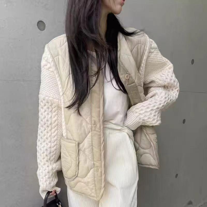 2025 Winter Clothing New Korean Style Design Cotton Jacket With Contrasting Color Splicing Heavy Industry Sweater Jacket For Women