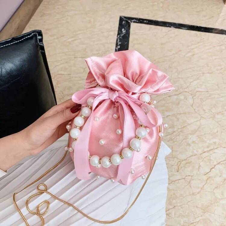 

Brand Shoulder Bags For Women High Quality Luxury Ladies Handbag Black Bead Pearl Imitation Silk Female Bucket Cross body bag