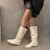 Cosy Soft Leather Women Knight Long Boots Fashion Button Combination Splicing Female Western Cowboy Booties