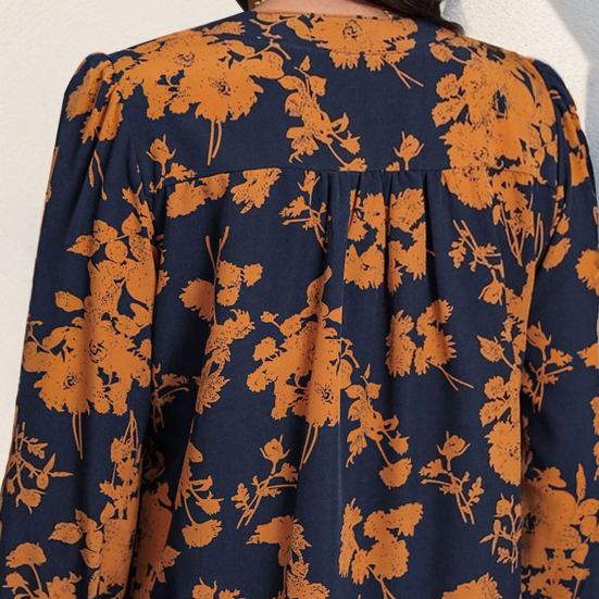 Women Shirt Stand Collar V-Neck Lantern Long Sleeve Printing Pullover Tops Loose Fit Thin Casual Shirt Daily Wear