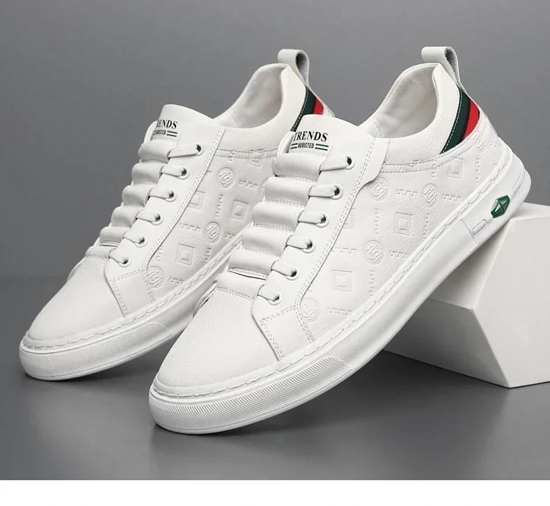 New Shoes for Men Genuine Leather Casual Shoes Street Trend White Flat Skateboard Shoes Man Cow Leather Lace-up Sneakers