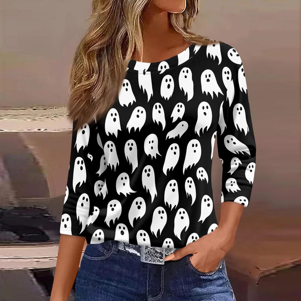 Women 3/4 Sleeve Casual Loose Fit Round Neck Shirt Halloween Bat Print Lightweight Pullover Top for Everyday Wear