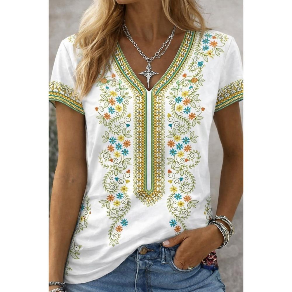 Women's Floral Graphic Print Vintage Classic T-shirt, V Neck Short Sleeve, Casual Long Tops, Daily Sports Going Out, Red