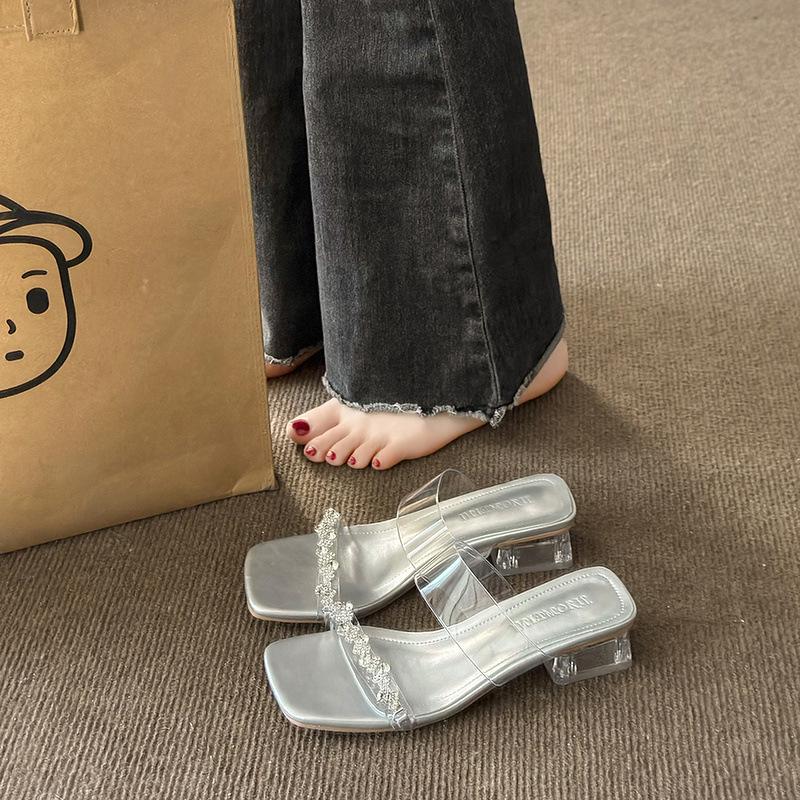 2025 This summer's new outer wear slippers female rhinestones fairy style with skirt thick heel transparent crystal and sandals