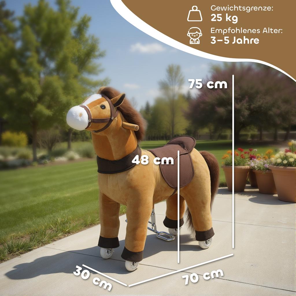 Ride On Horse, Plush Walking Horse Toy with Wheels and Saddle for Ages 3-5 Years Old, Brown