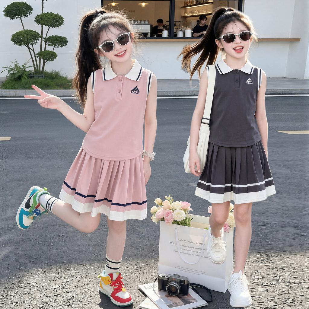 Girls' summer sports suit 2026 new style, children's huge and beautiful sleeveless pleated skirt, girls' fashionable summer style