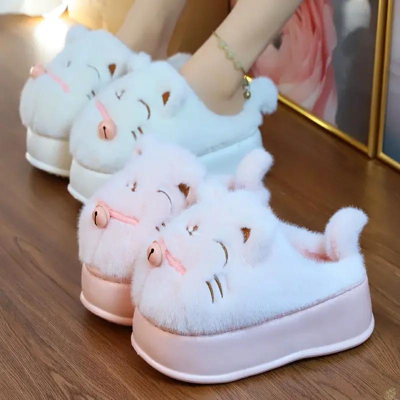 Fashion girl lovely white cat cotton slippers new 2024 winter women fur slides slippers warm comfort indoor home platform fluffy slipper