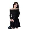 French Small Black One-word Shoulder Long-sleeved Dress Women's Autumn New Temperament Thin Waist Short Skirt
