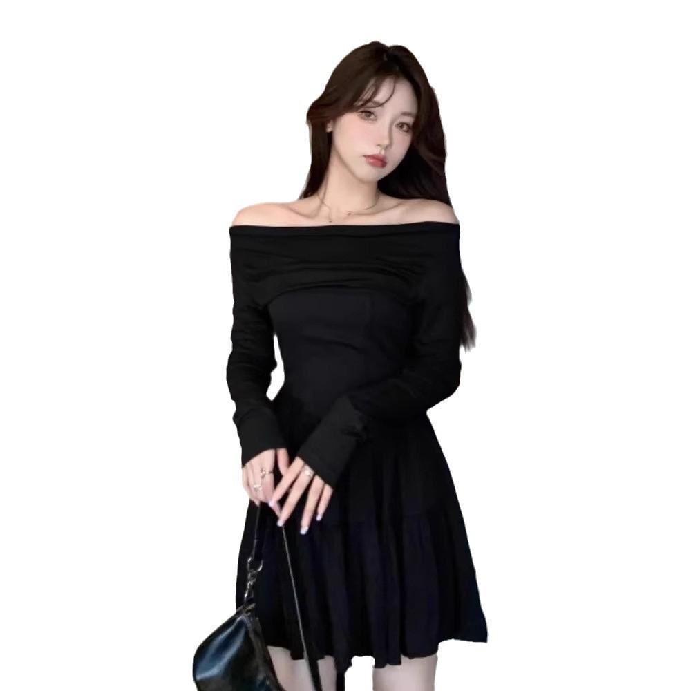 French Small Black One-word Shoulder Long-sleeved Dress Women's Autumn New Temperament Thin Waist Short Skirt