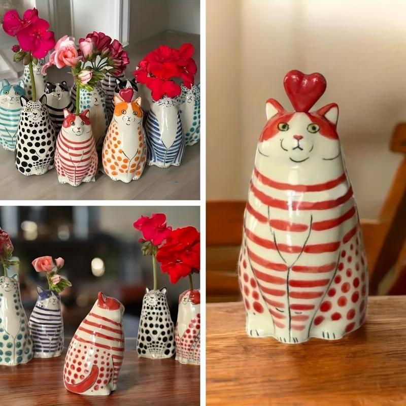 5pcs Whimsical Polka Dot Cat Vase Set Resin Flower Pot with Colorful Striped Cats Adorable Mini Decorative Figurine Home Decor